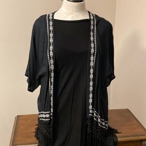 Elan Black kimono cover up with tasseled fringe, size os.
